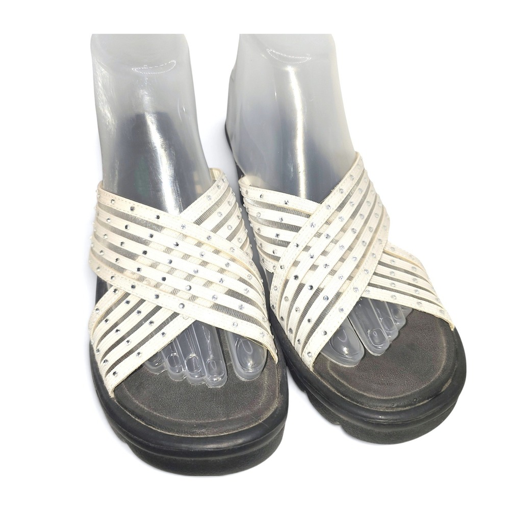 Skechers White Rhinestone Crisscross Slip-On Wedge Sandals Womens Sz 9 Y2K Style